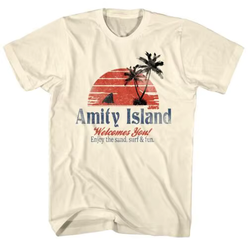 T-shirt pour hommes Jaws Vintage Amity Island vous accueille la marchandise du film à aileron de req