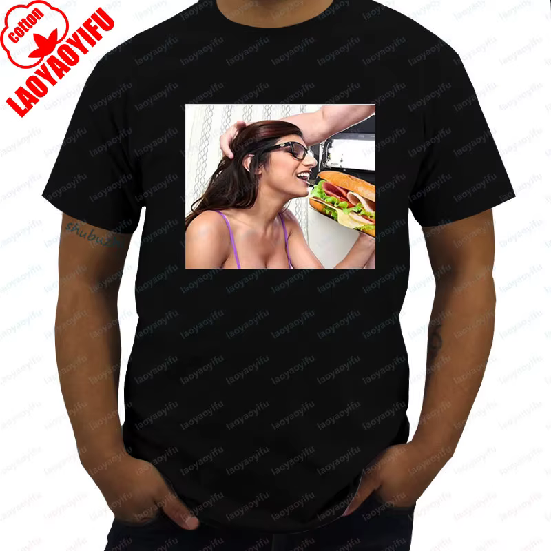 T-shirt imprimé humoristique et drôle Khalifa Action Movie Star, motif femme mangeant un sandwich, T