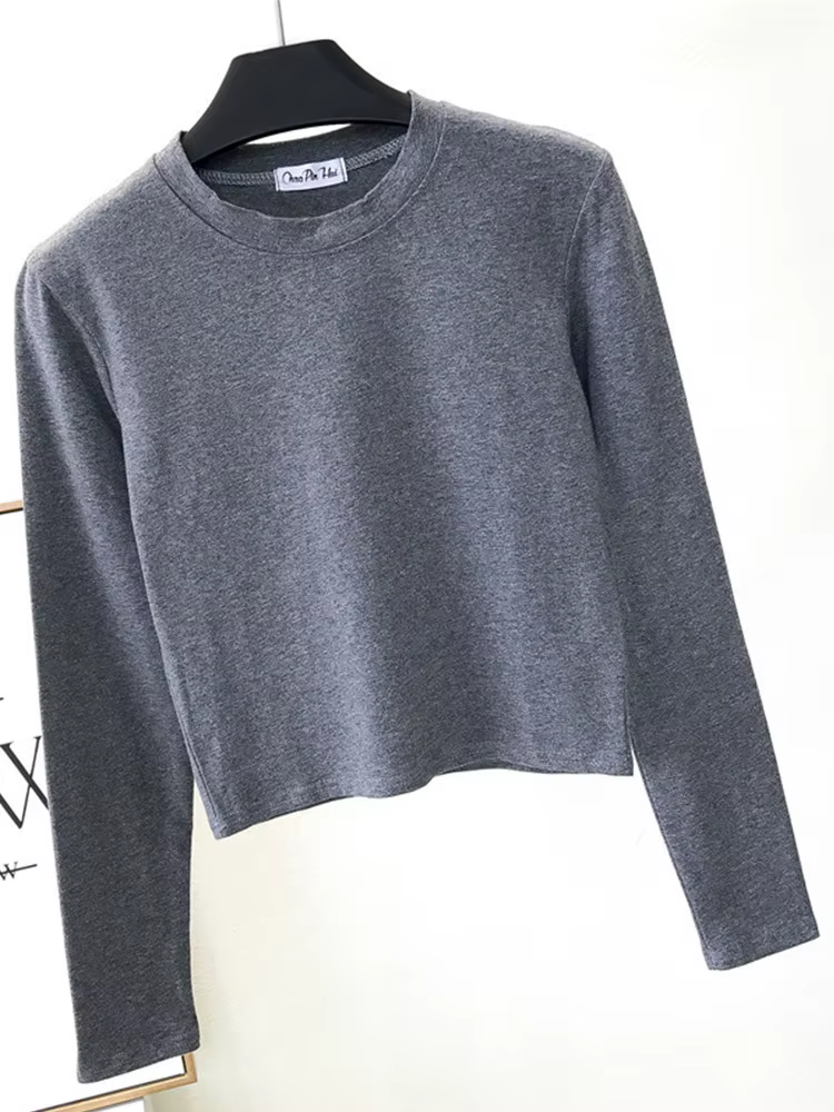 Vêtements en coton noir sexy pour femmes, col rond, manches longues, nombril, base d'automne, mode d