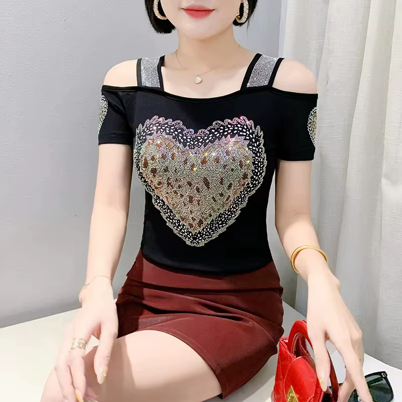 T-Shirt de marque pour femmes, Streetwear, fleur brillante, dessin animé, diamants, hauts élégants, 