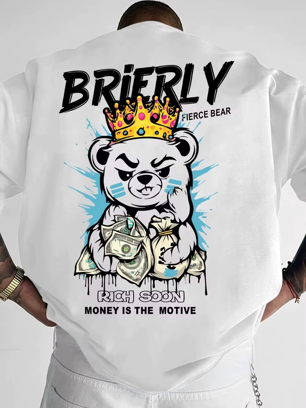 T-shirt Homme Tendance d'Été à Col Rond, Imprimé 3D Lettres 'Teddy Bear Wealth', Confortable et Resp