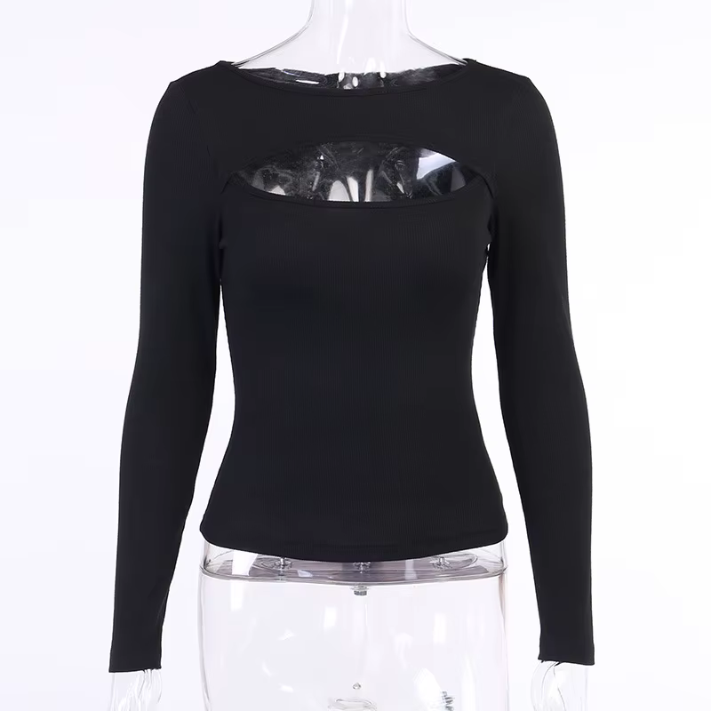 T-shirt à manches longues et col rond pour femme, t-shirt mince, évider, noir, blanc, monochrome, dé