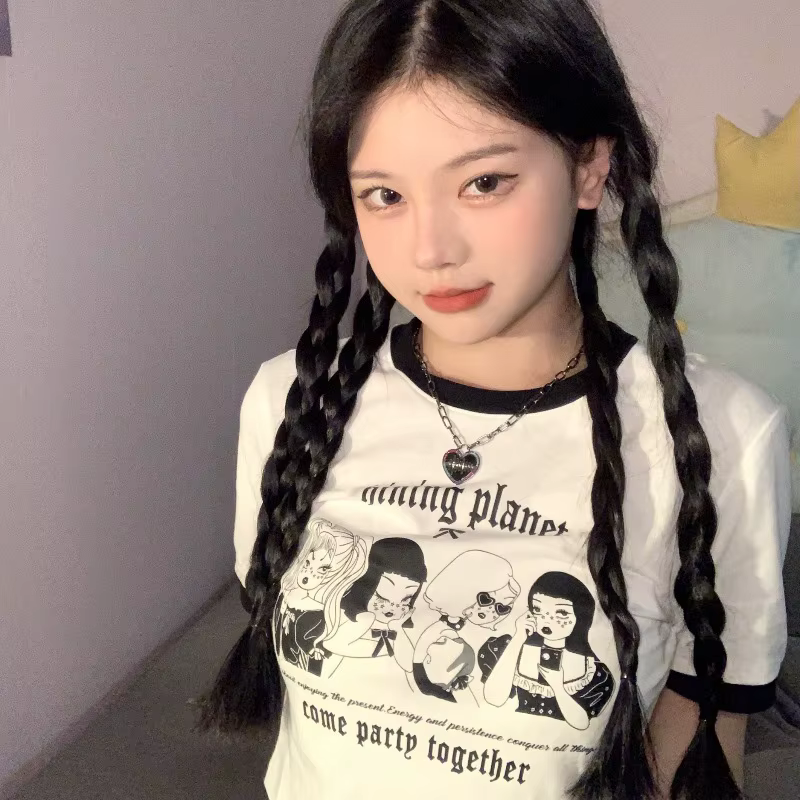 Haut court vintage à col rond pour femme, t-shirt à manches courtes, lettre imprimée, mode coréenne,