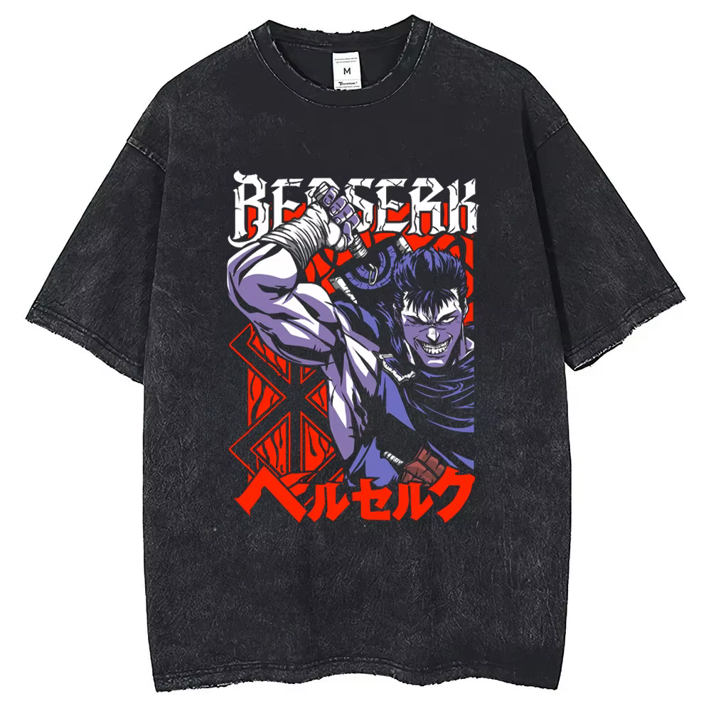 T-shirt Berserk Anime délavé pour homme, style vintage gothique streetwear, t-shirt graphique Haraju