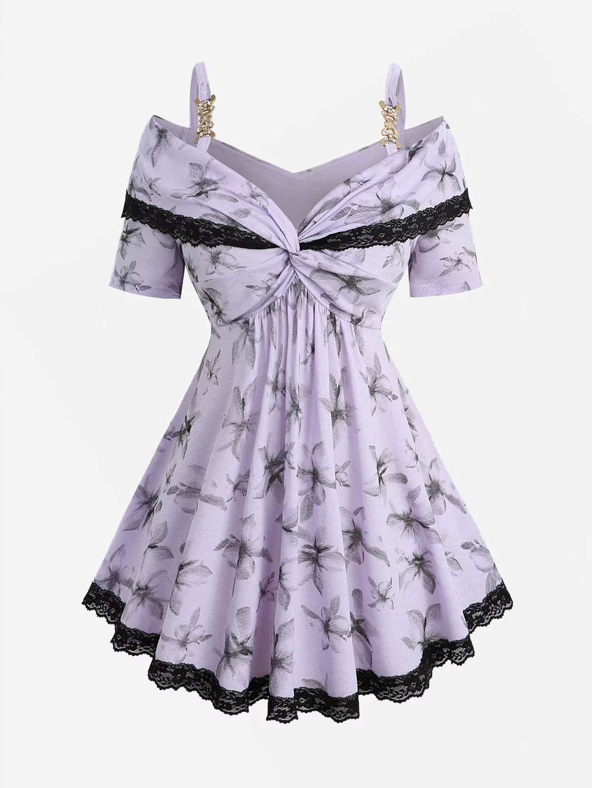 T-shirts pour femmes grandes tailles, imprimé floral violet, col torsadé convertible, détails en den