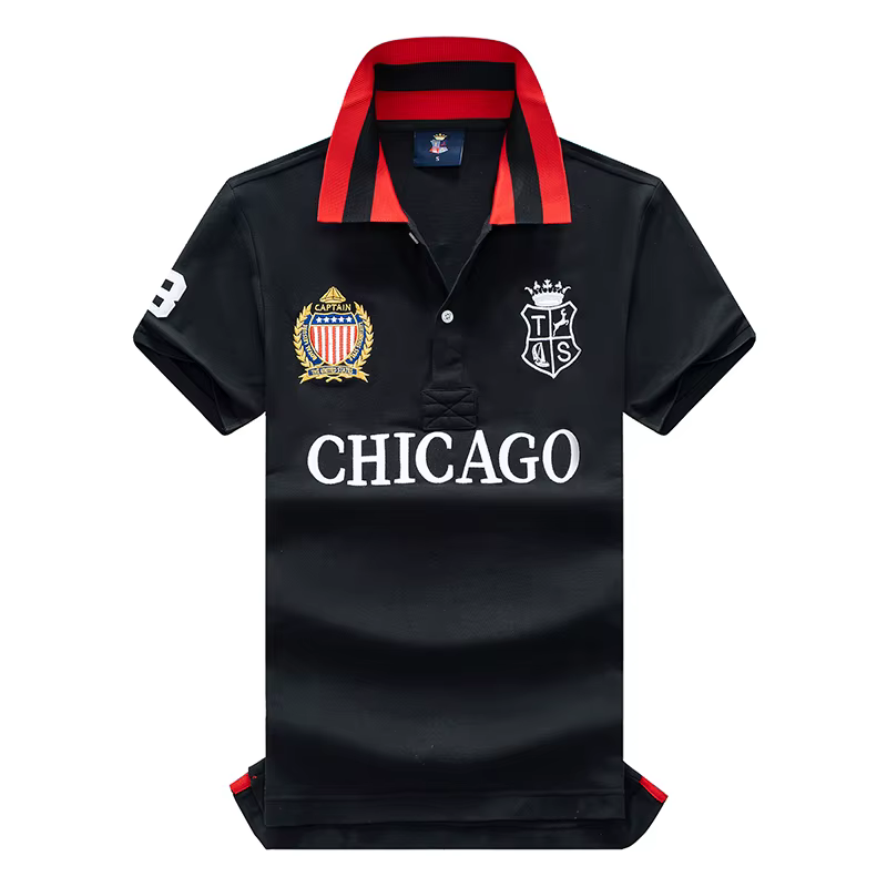 Polo pour homme USA Chicago à manches courtes, en coton, brodé, avec fente et couleur contrastante, 