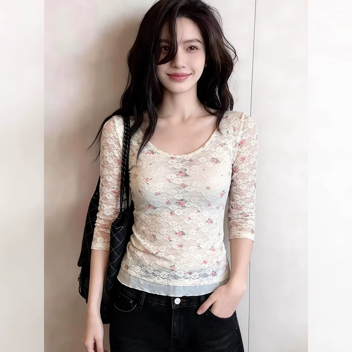 T-shirt en dentelle Y2k pour femmes, imprimé floral, Vintage, polyvalent, Ropa De Mujer, mode printe