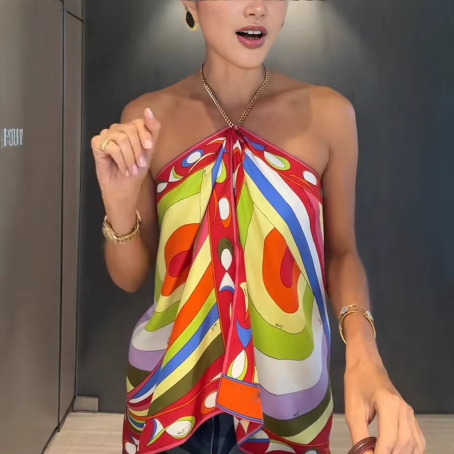 Nouveau débardeur imprimé à col licou pour femme, coupe ample, sexy, dos nu, avec chaîne métallique,