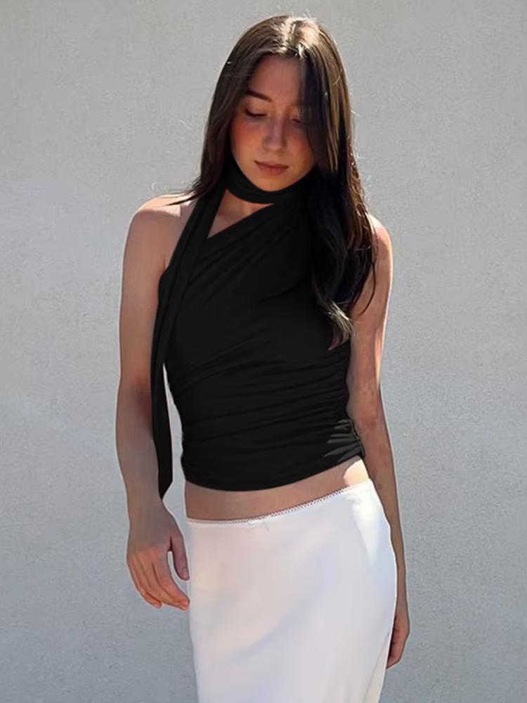 Débardeur dos nu Sexy pour femmes, épaules dénudées, col licou, Vintage, sans manches, haut court, v