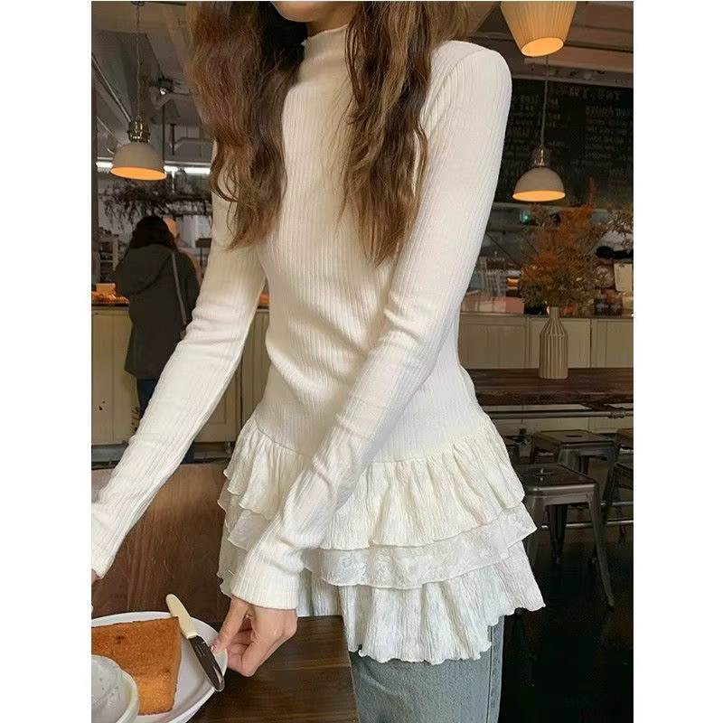 T-shirt chaud à col mi-haut et manches longues pour femme en hiver, coupe ajustée avec dentelle et d