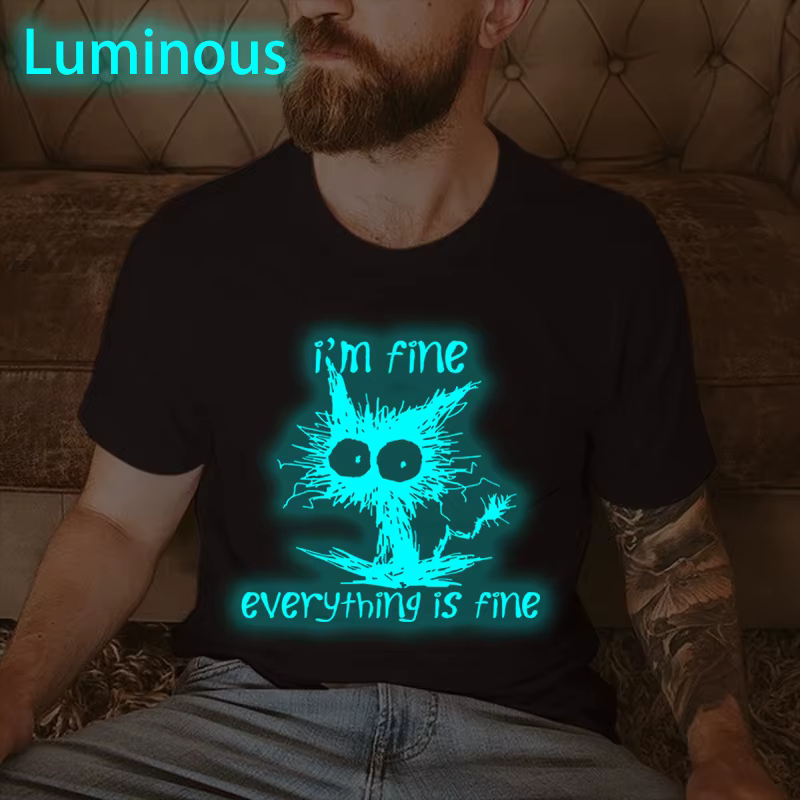 T-shirt humoristique à motif de chat, style lumineux, manches courtes, pour femmes et hommes, street