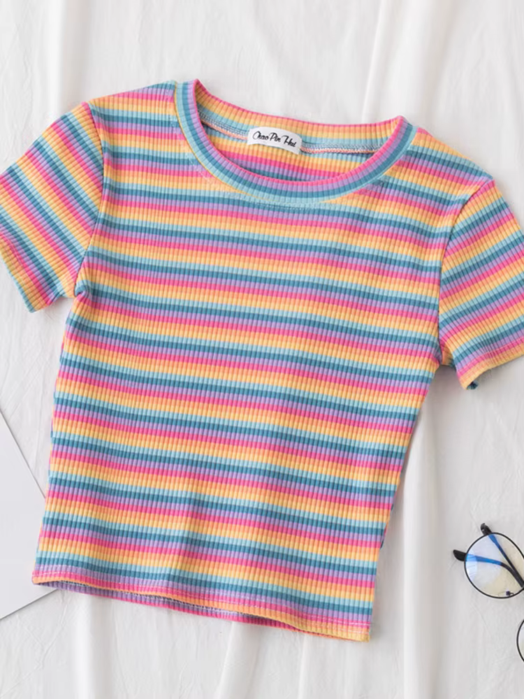 T-shirt à rayures arc-en-ciel pour femmes, haut à manches courtes, vêtement estival et slim, marque 