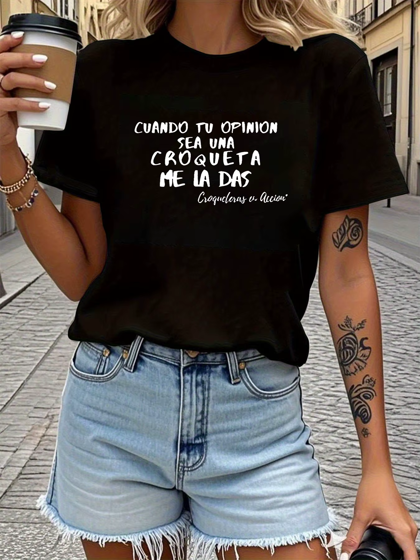 T-shirt décontracté pour femme à manches courtes avec imprimé lettres espagnoles 'CUANDO TU OPINIÓN