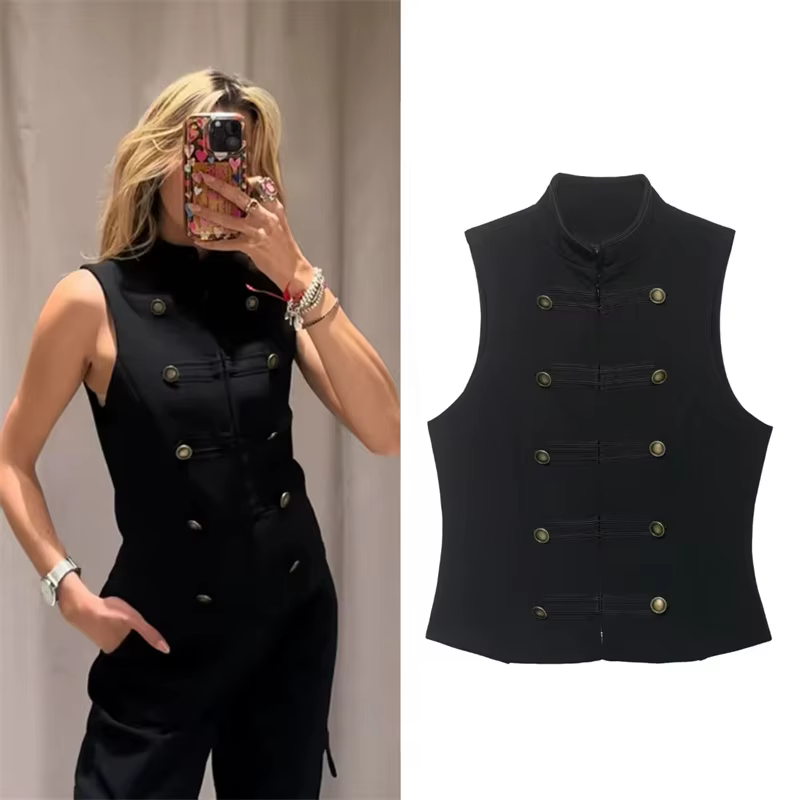 Top Femme Printemps 2026 Nouveau Noir Sans Manches avec Nœud Décoratif Coupe Ajustée Gilet Unique Te