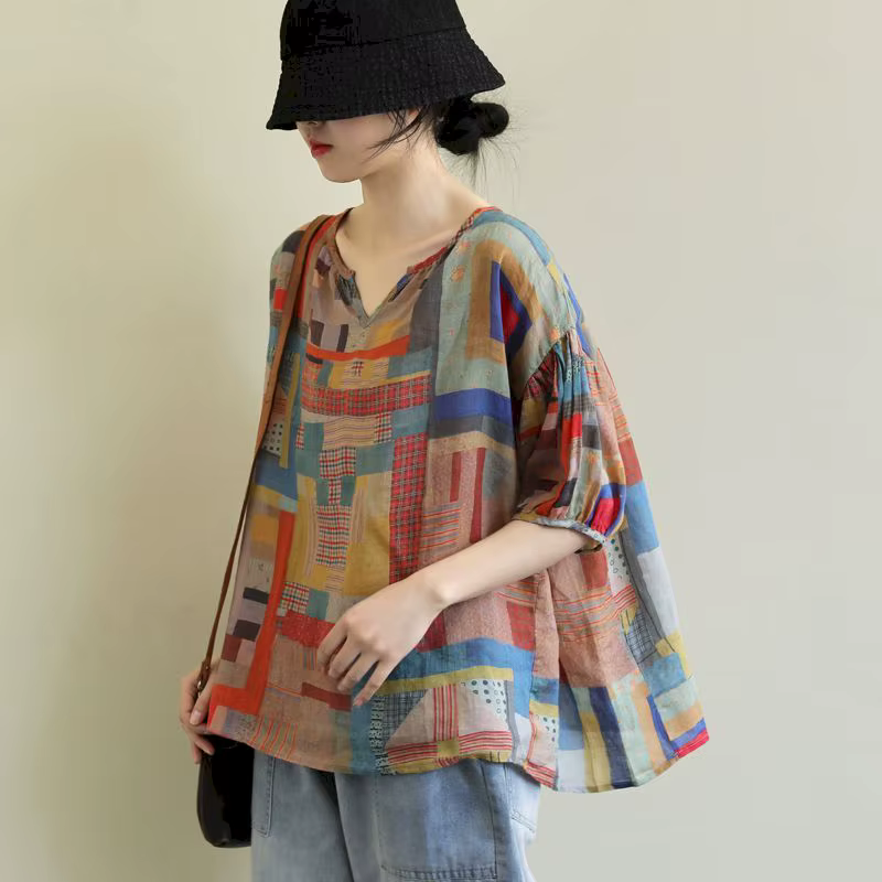 T-shirt manches courtes col en V femme, estival et décontracté, à la mode, irrégulier, artistique, b
