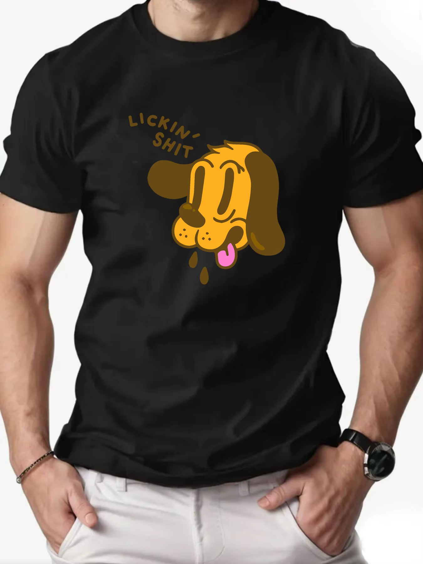 T-shirt à manches courtes hommes 100% coton drôle chiot dessin animé imprimé T-shirt col rond respir