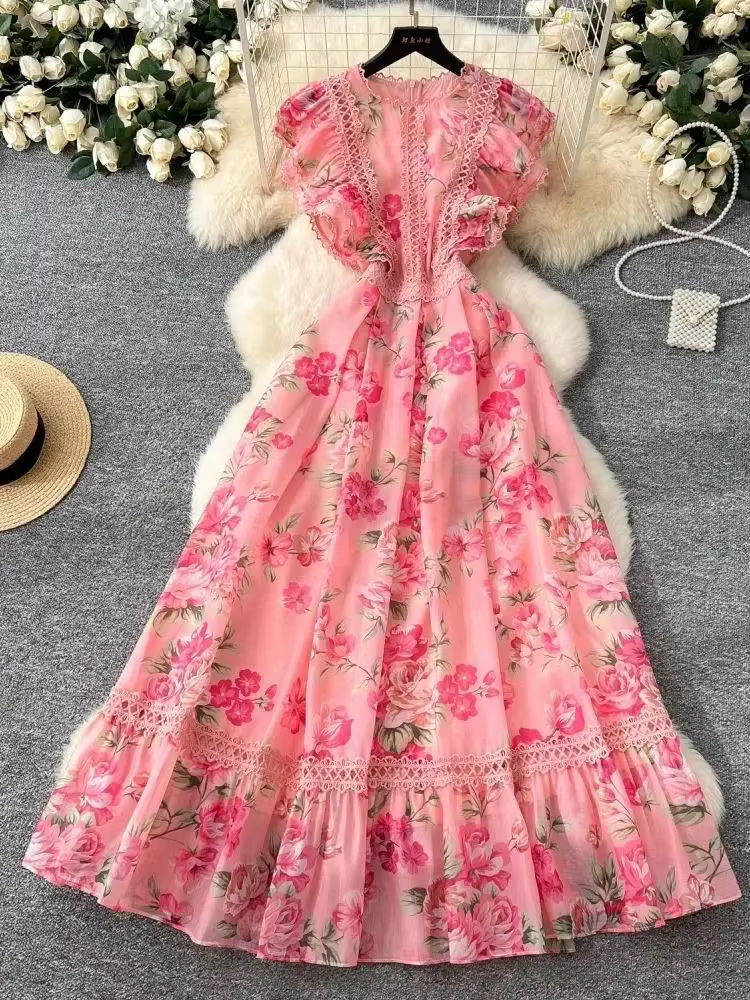 Femmes manches papillon plage Boho volants longues robes vacances d'été dentelle évider épissure mag