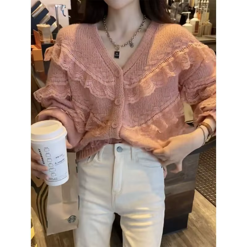 Cardigan en dentelle pour fille, petit manteau tricoté, printemps automne