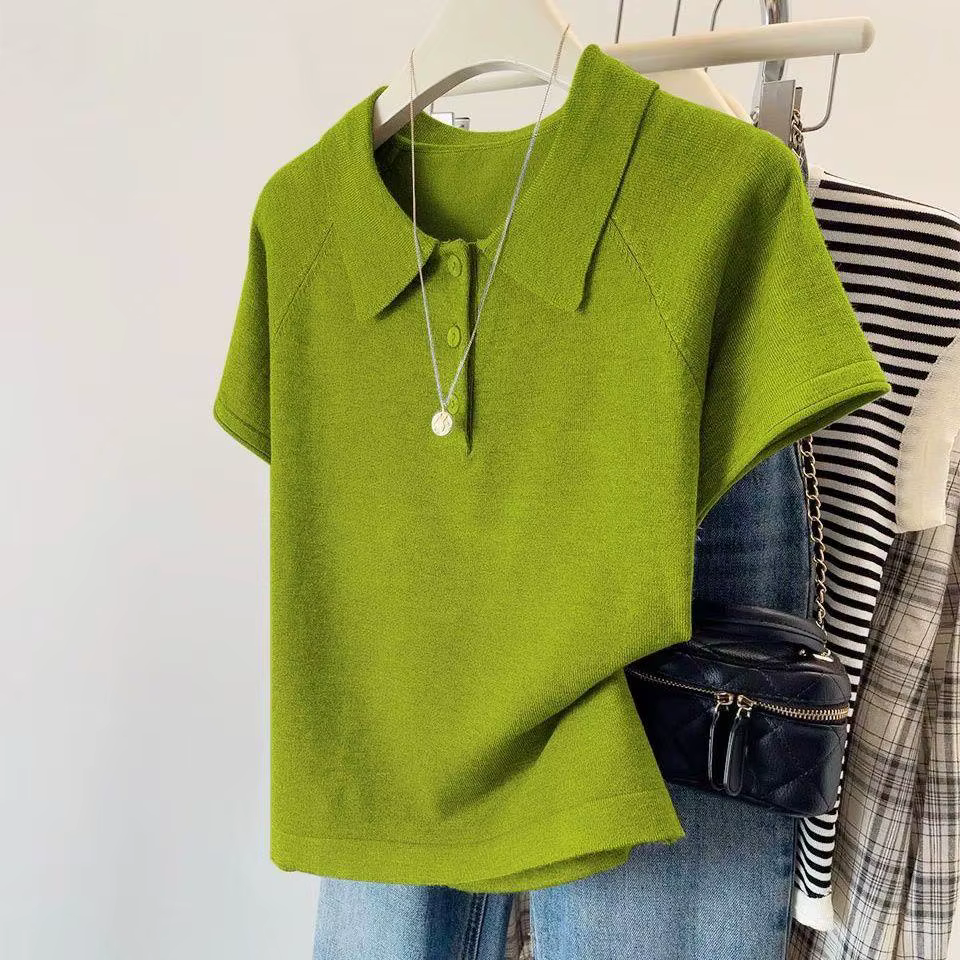 Pulls à manches courtes en tricot pour femmes, nouveaux modèles blancs et noirs à col rabattu, hauts