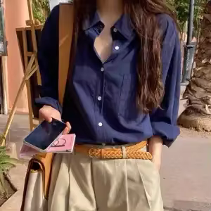 Chemise en lin mélangé bleu marine pour femme, manches longues, boutonnée, coupe décontractée