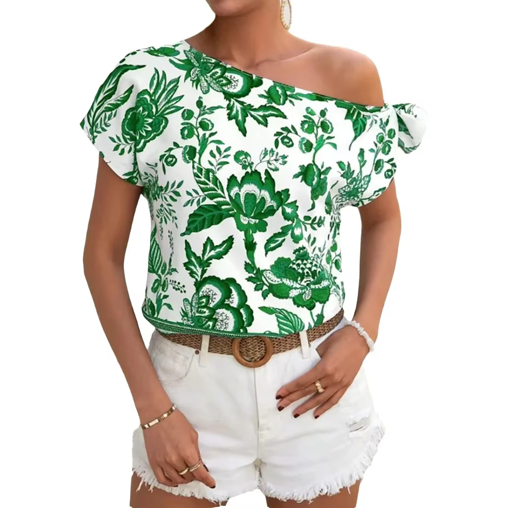 T-shirt vert pour femme, chemisier à imprimé floral, à une épaule, manches courtes, coupe décontract