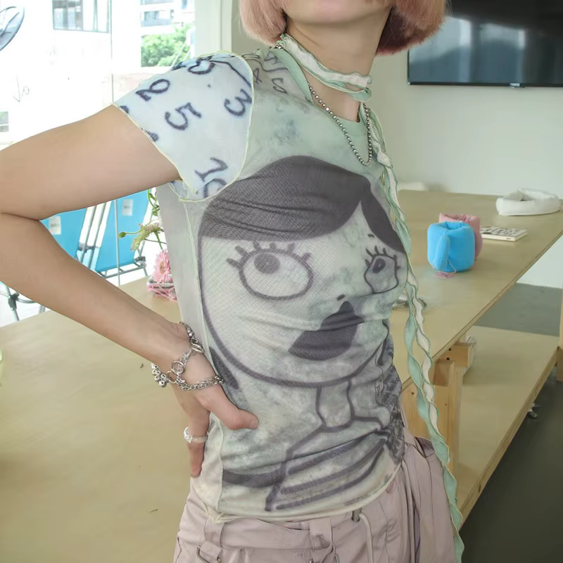 Karrcat-T-shirt en maille grunge et esthétique, Cyber Graphic, Harajuku Fairycore, Bandage Crop Top,