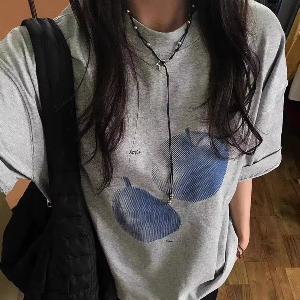 T-shirt pour femme imprimé fruits bleus, tendance rétro estivale, haut confortable décontracté à col
