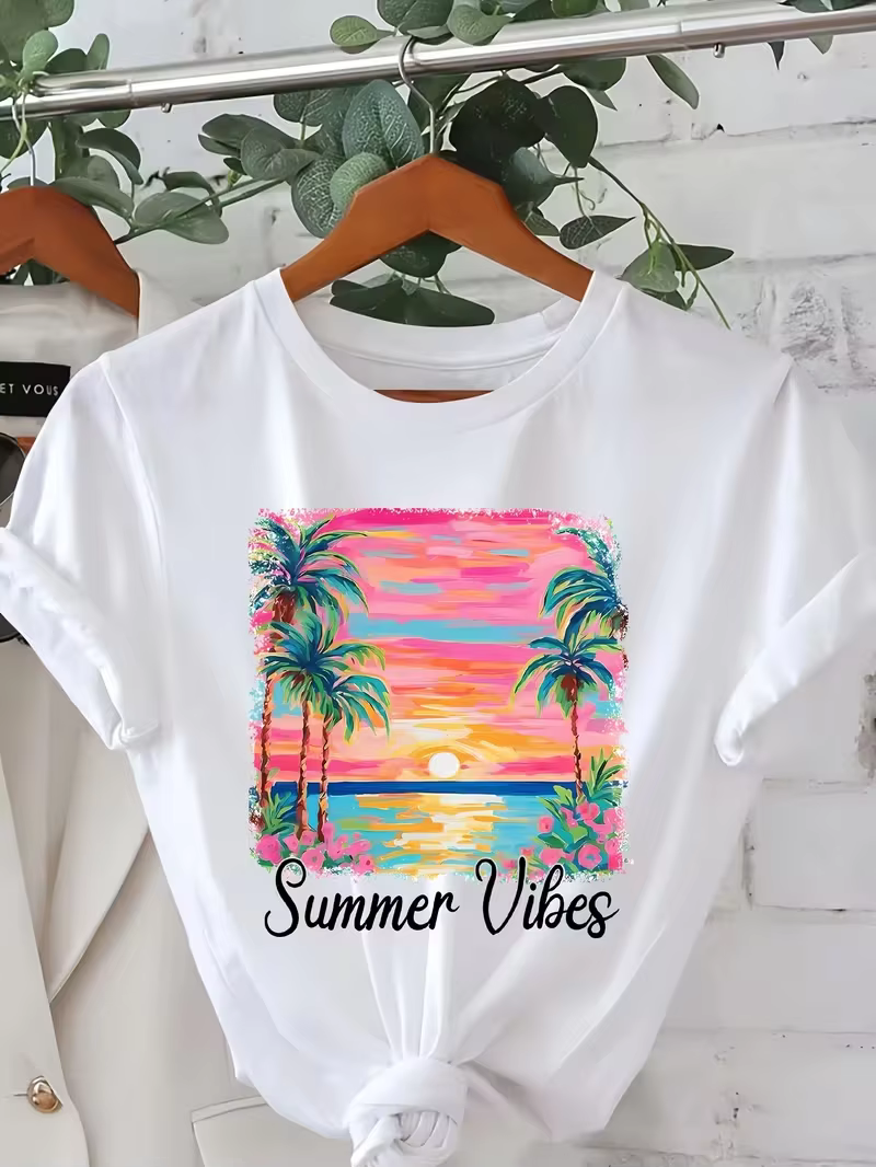T-shirt de plage tropical beige clair pour femme - Haut d'été à manches courtes et col rond avec mot