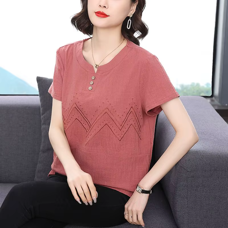 T-shirt amincissant à manches courtes, ample et brodé, haut décontracté, été