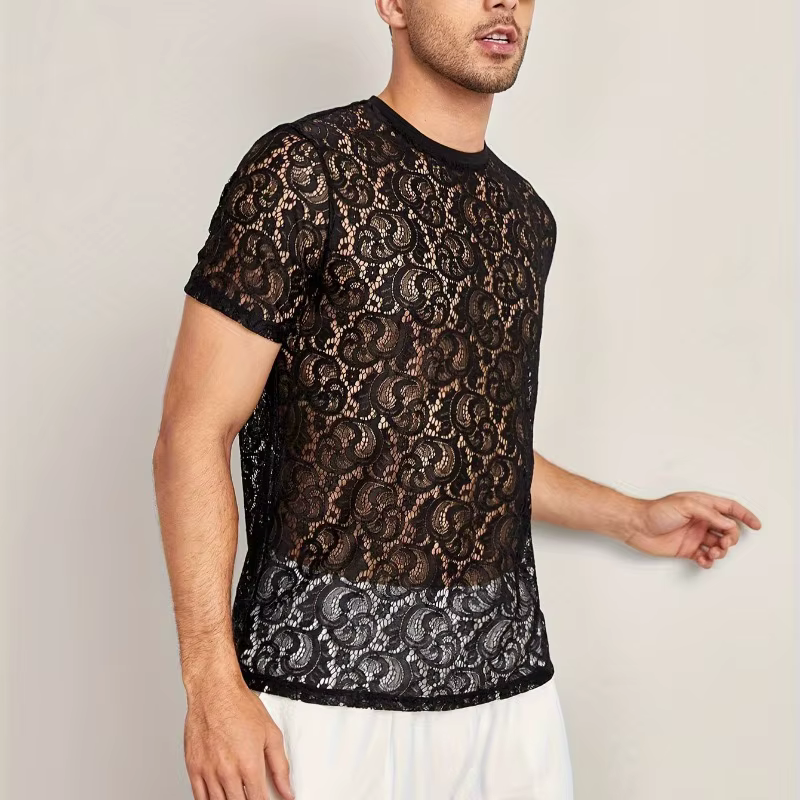 T-shirt transparent en dentelle pour hommes, haut à manches courtes à col rond découpé, couche de Ba