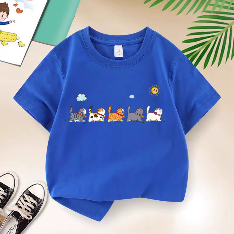T-shirt en coton de la famille des chats pour garçons, vêtements décontractés pour enfants, dessin a