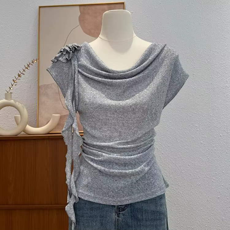 T-shirt sans manches pour femmes en été, mode, col banderole de fleurs à volants, manches courtes pl
