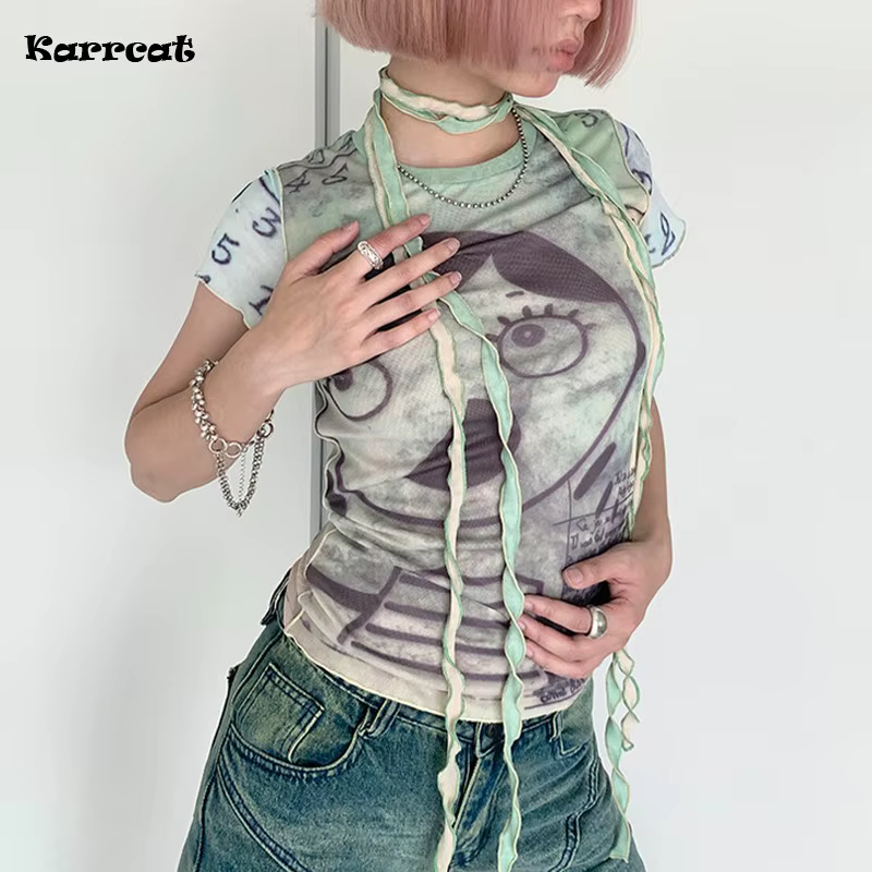 Karrcat-T-shirt en maille grunge et esthétique, Cyber Graphic, Harajuku Fairycore, Bandage Crop Top,