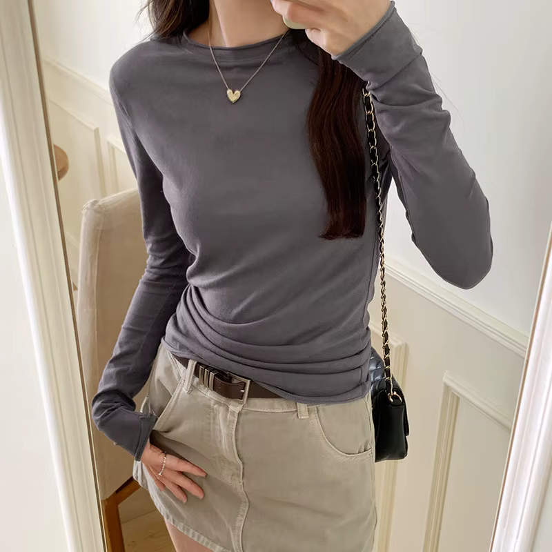 2025 printemps automne t-shirt haut pour femme solide coupe ajustée à manches longues col rond t-shi