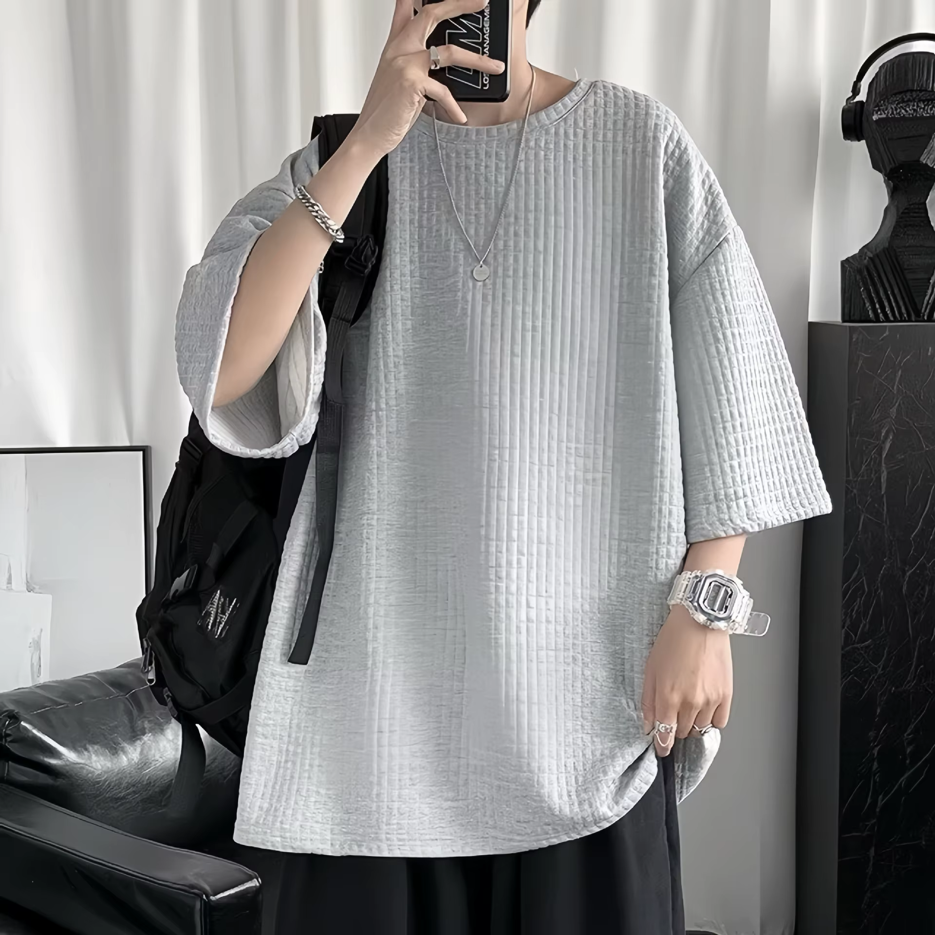 T-shirt ample pour homme, style Hong Kong, manches courtes, tendance estivale, décontracté, en fibre