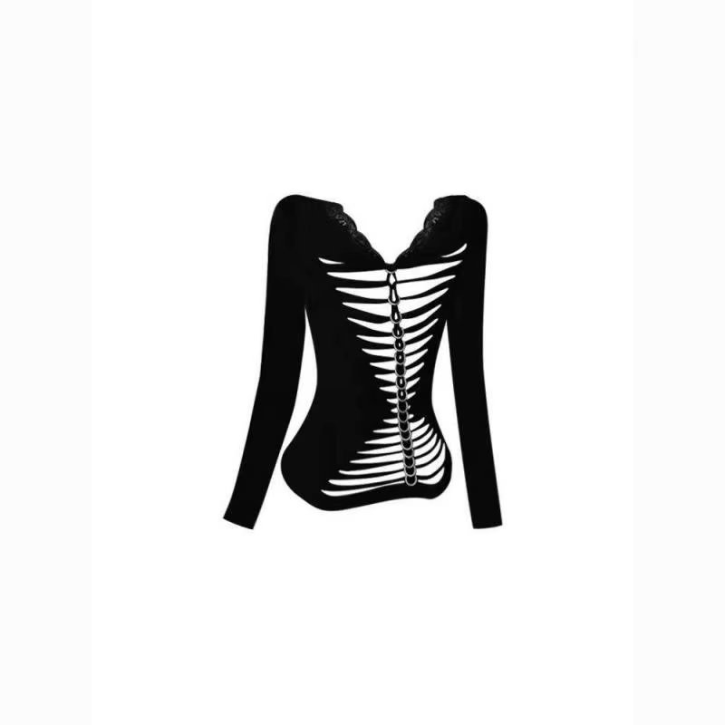 Seeslim noir Sexy dos évider femmes T-shirt Goth à manches longues mince 2000s vêtements Y2k t-shirt