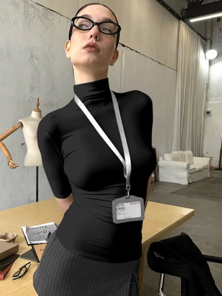 T-shirt basique à col roulé pour femme, décontracté, confortable, à manches courtes, tendance, blanc