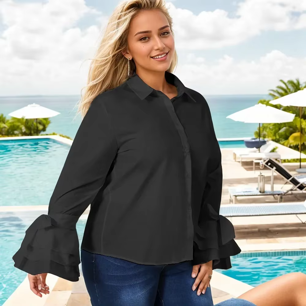 T-shirt élégant à manches longues évasées pour femmes, tunique de bureau, haut décontracté, chemises