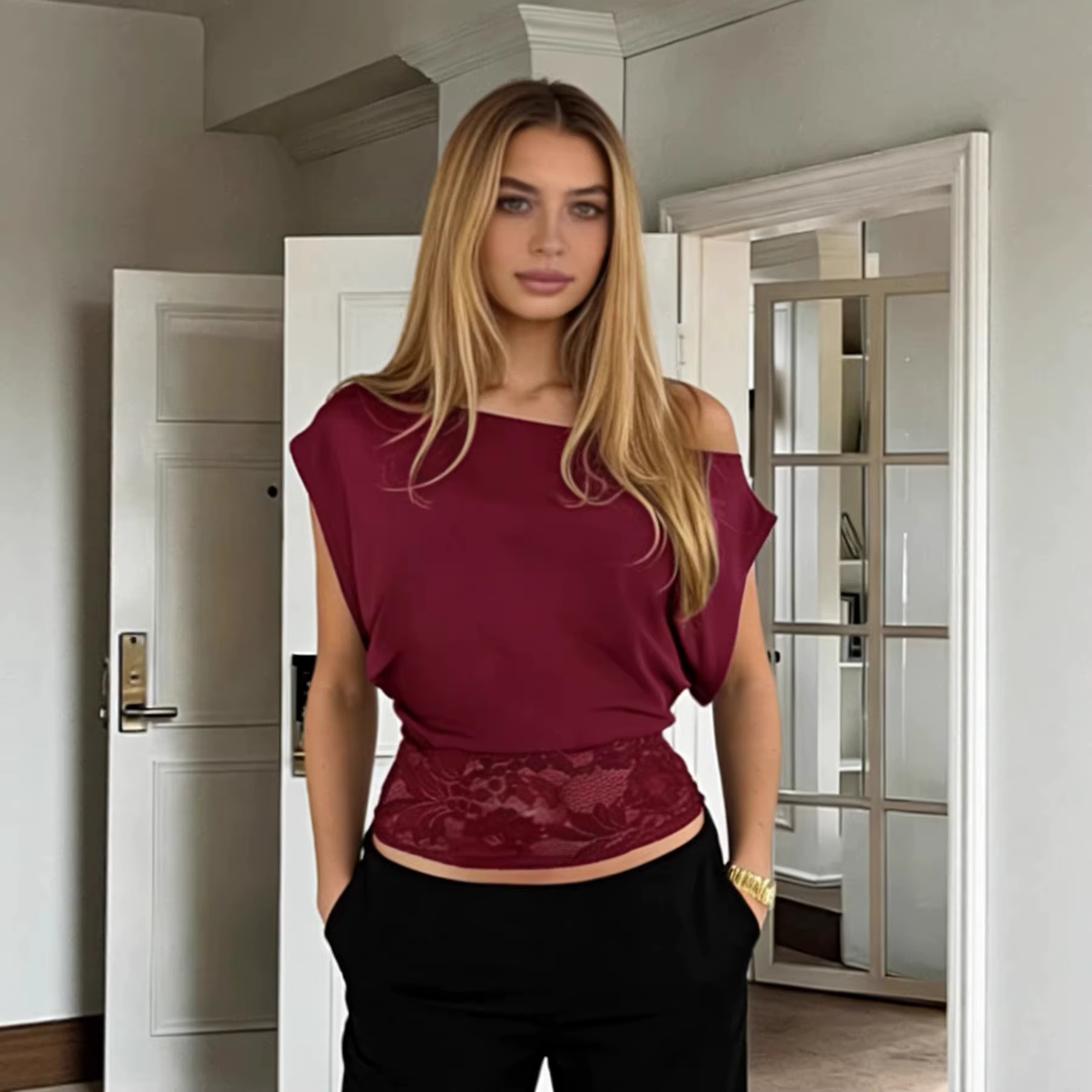 T-Shirt manches longues col ras du cou pour femme, élégant, Patchwork, dentelle, transparent, Slim,