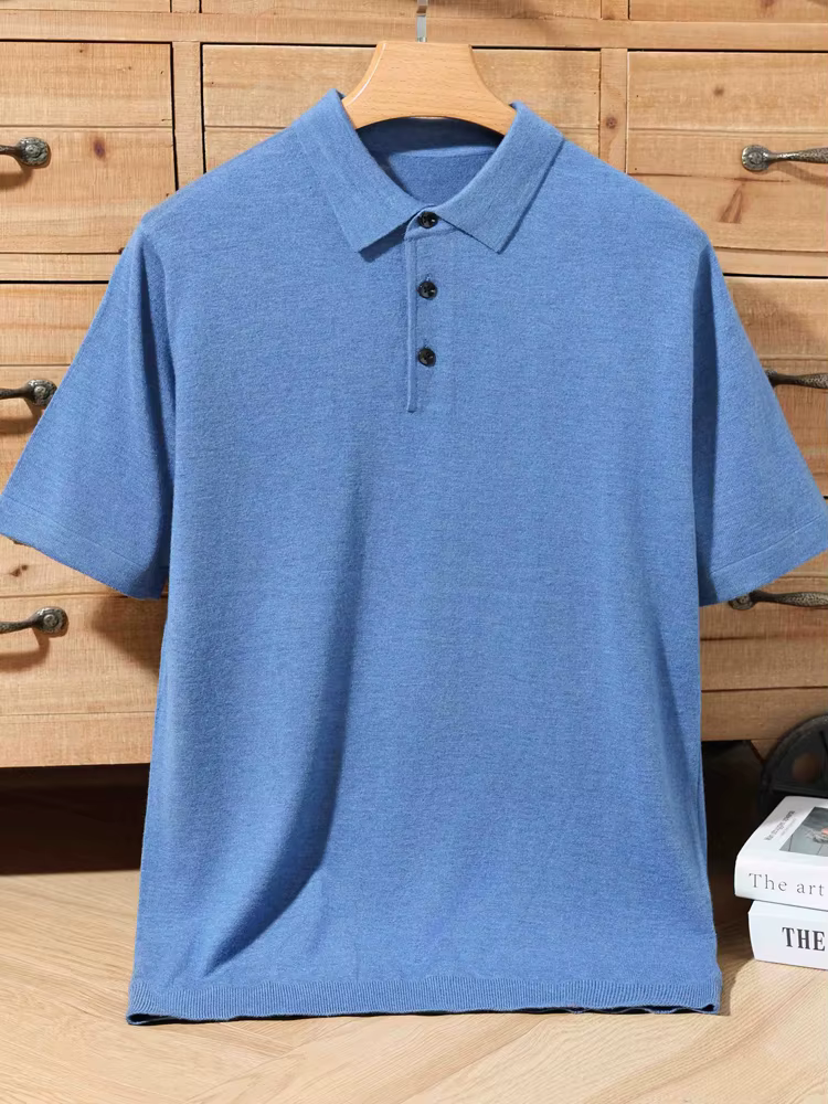 100% pull mérinos été hommes revers pull à manches courtes col POLO pull haut ample tricoté vêtement