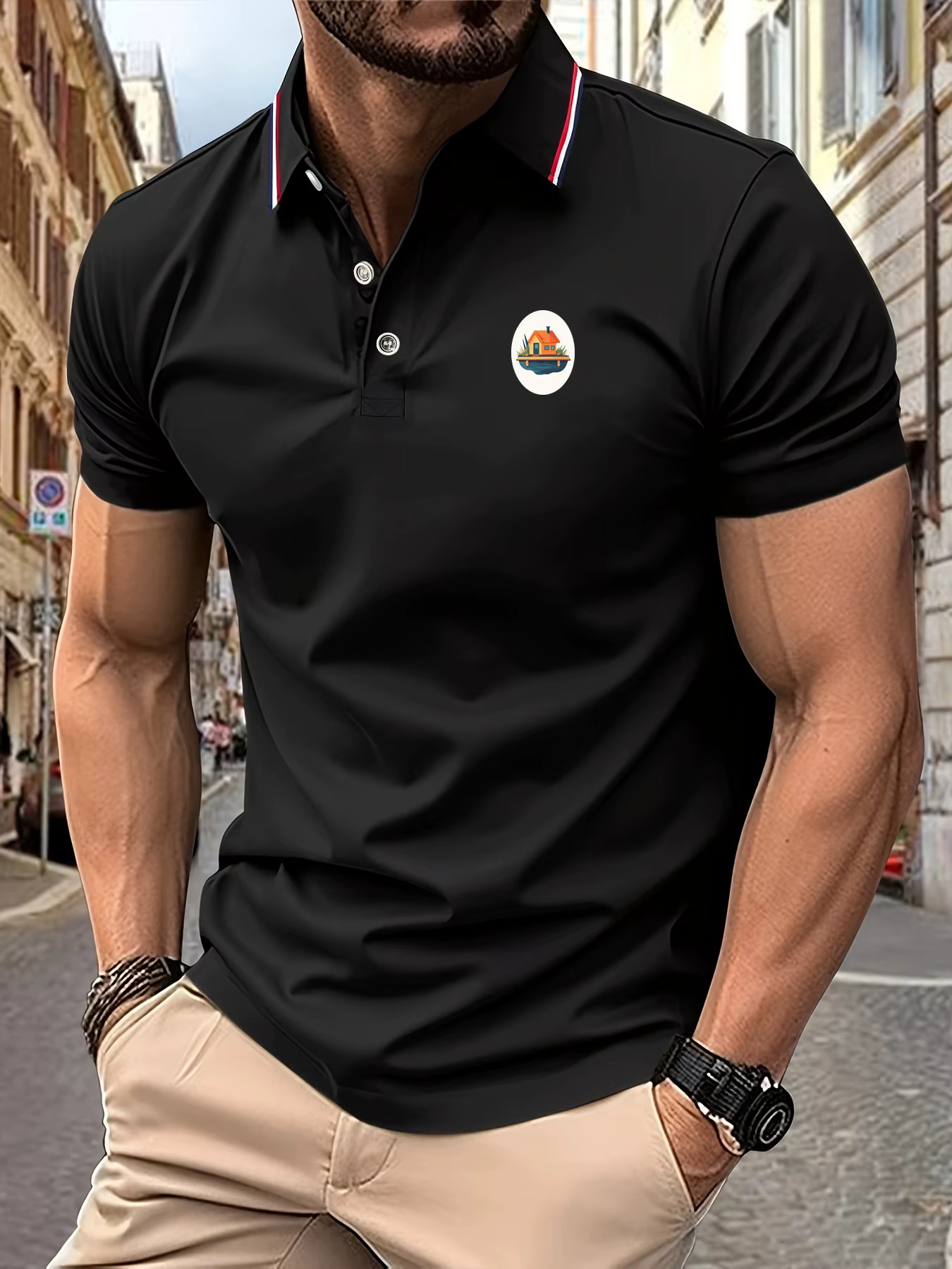 Polo de Golf pour hommes, imprimé graphique de chalet d'eau, col rayé, manches courtes, évacuant l'h