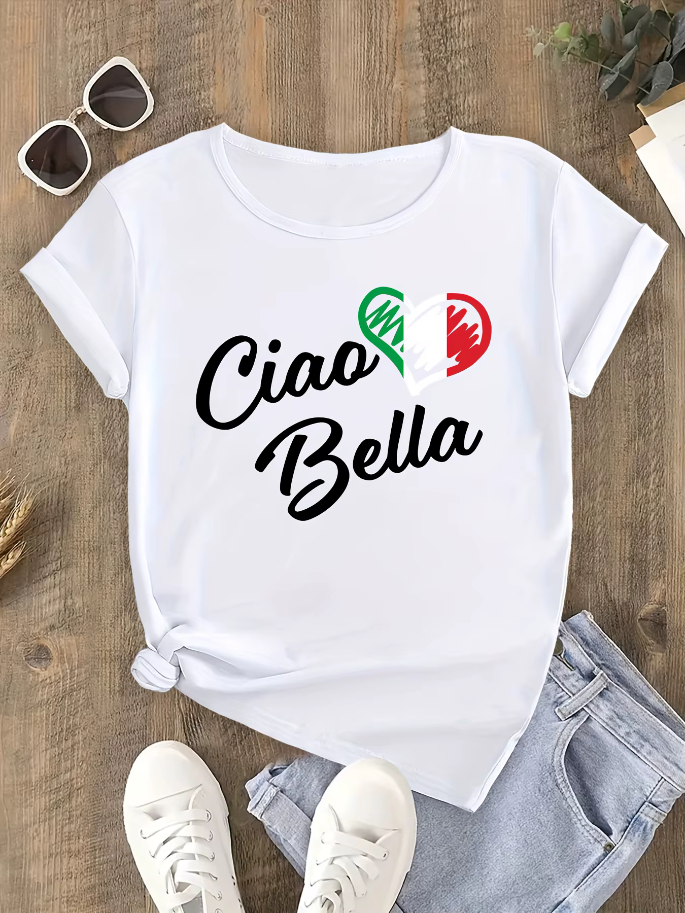 Haut d'été à thème italien avec imprimé cœur Ciao Bella et couleurs du drapeau italien, manches Hara