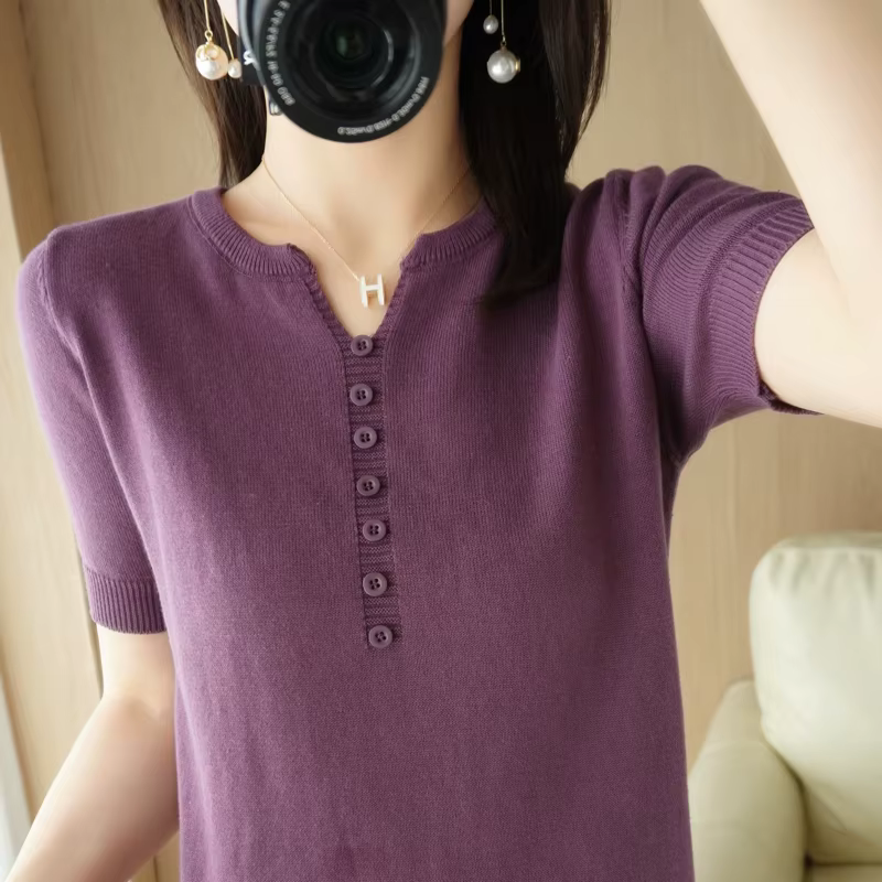 T-shirt à manches courtes et col en v pour femmes, 100% coton, Slim, pull-over, gilet, T-shirt à bou