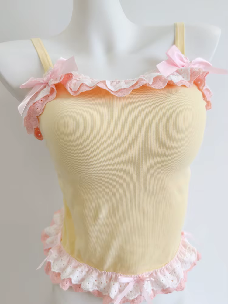 Crop tops jaunes et blancs pour femmes, été, mignons, avec nœuds décoratifs, deux couches de dentell