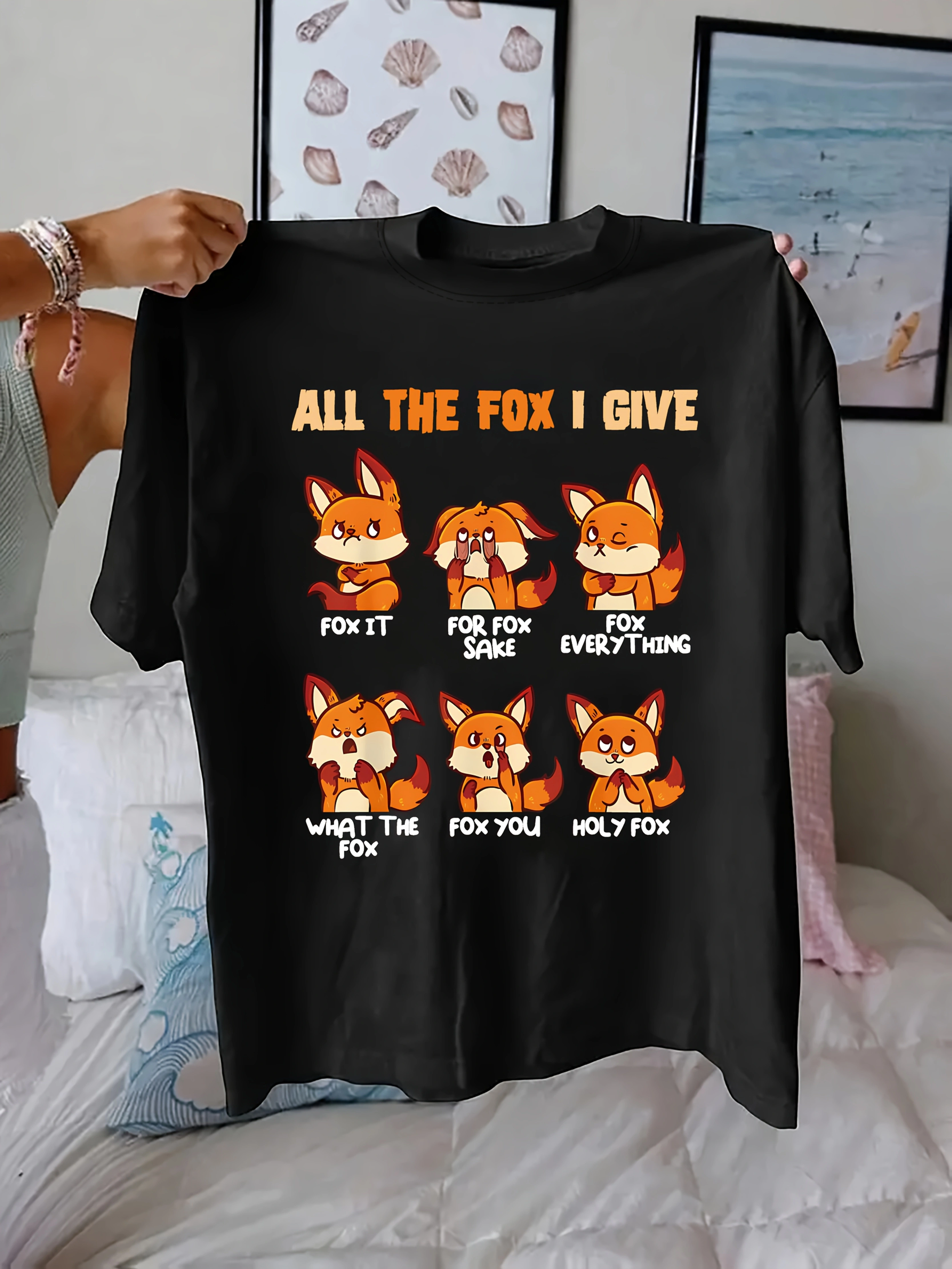 T-Shirt drôle imprimé renard rouge pour femmes, haut décontracté à manches courtes et col rond, long