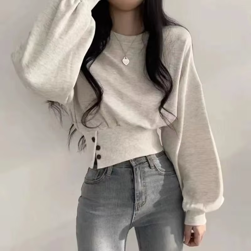 Haut court à col rond pour femme, couleur unie, manches lanternes, avec boutons, pull sportif Hip-Ho