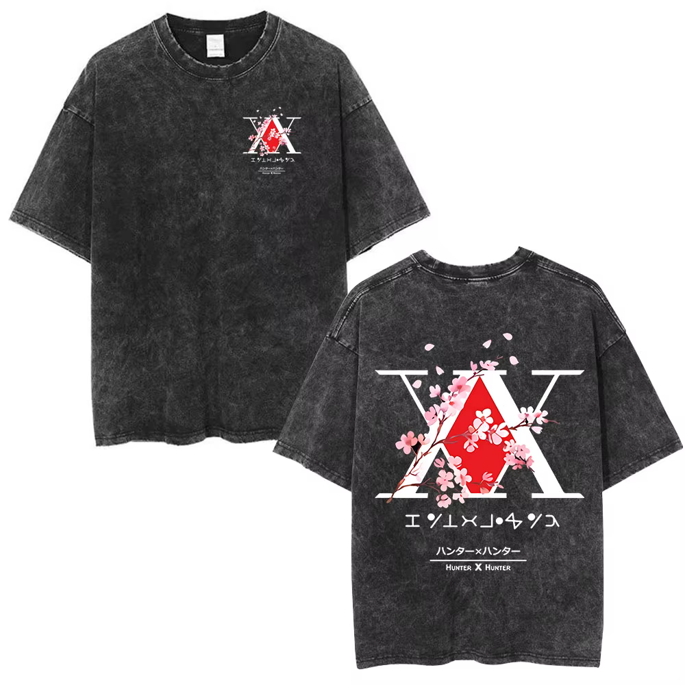 T-shirt délavé vintage avec logo Hunter X Hunter 2026, motif Killua Gon Fleur de cerisier, T-shirt g