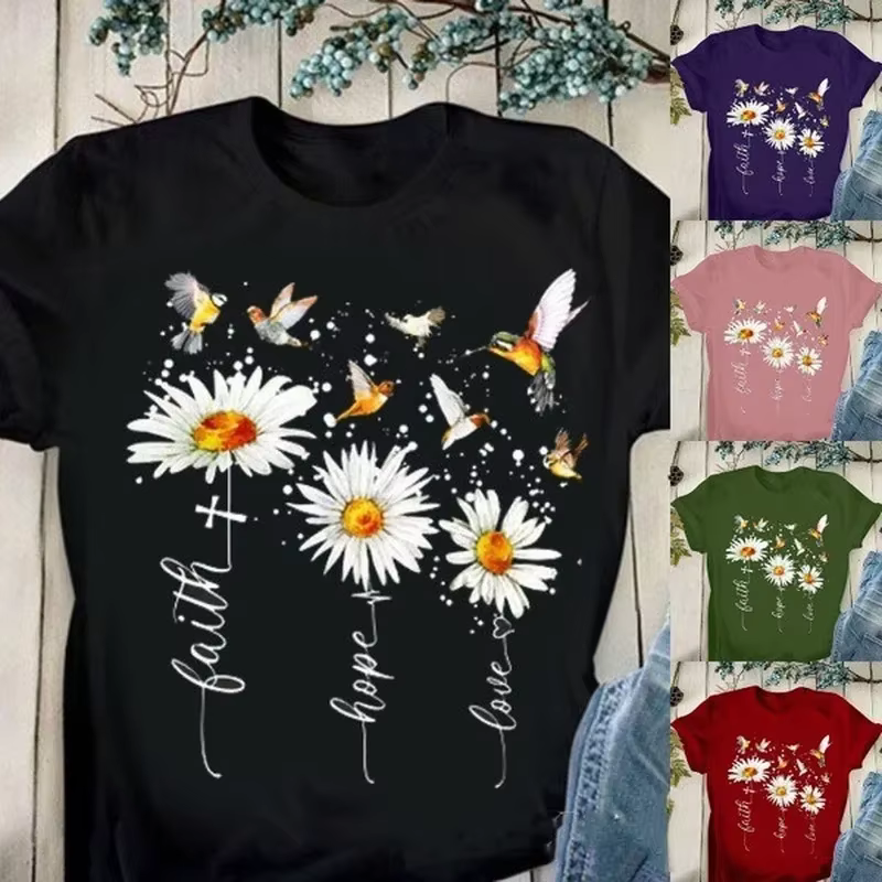 T-shirt manches courtes col rond femme, estival et estival, avec Faith Manucure Love Destroy AndrPri