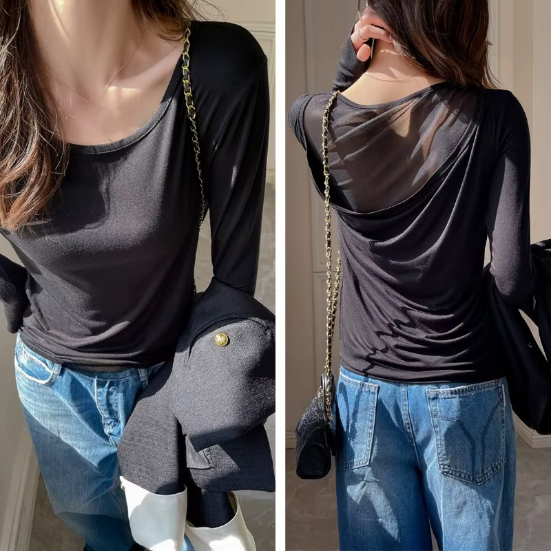 Deux pièces T-shirts pour femmes 2025 Ropa Mujer gaze Patchwork Y2k hauts automne Chic tunique mode 