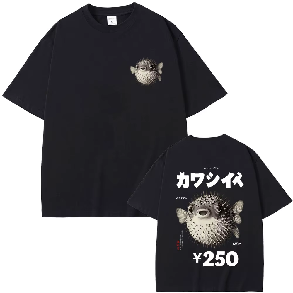 T-shirt graphique Fugu Puffer Fish Ramen pour hommes et femmes, T-shirt drôle de style japonais Vint